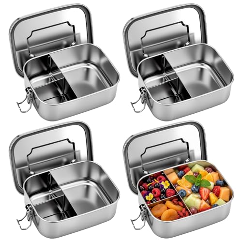 Image of Funnymoom 4 Pcs Stainless Steel Bento Lunch Box, 3 Compartment