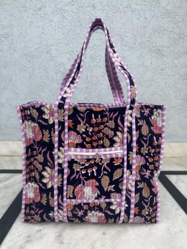 Image of Quilted Cotton Hand printed Reversible Large multicolor cotton Tote Bag,Indian Handmade Block Printed Tote Bag Women Handbag