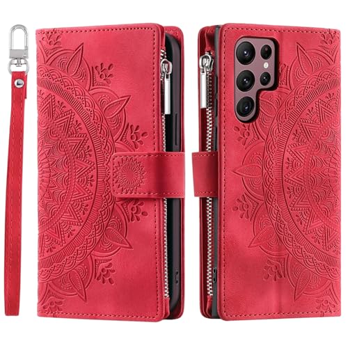 Étui en cuir Samsung S23 Plus rouge chic avec fermeture éclair et fentes cartes