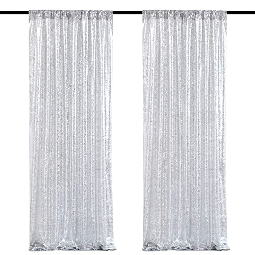 Image of Silver Sequin Backdrop Curtains-2 Panels 2FTx8FT Silver Backdrop for Valentines Day, Glitter Party Decorations Background Drapes for Wedding Birthday Anniversary Graduation Photo Booth Decor