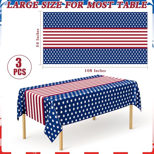 Image of 3 Pack Plastic 4th of July Tablecloths, Patriotic USA Flag Party Supplies | 108 inch X 54 inch 4th of July Decoration, Disposable Red White Blue USA Flag Tablecover, Waterproof Independence Decor for USA Party