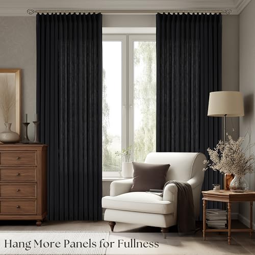 Image of Black Pinch Pleated Semi Sheer Linen Curtains 72 Inch Long for Bedroom | Flax Faux Textured, Light Filtering Privacy, Bay Window Balcony, Hook Rings Memory Shape Pleat, Luxury Elegant, Room Divider