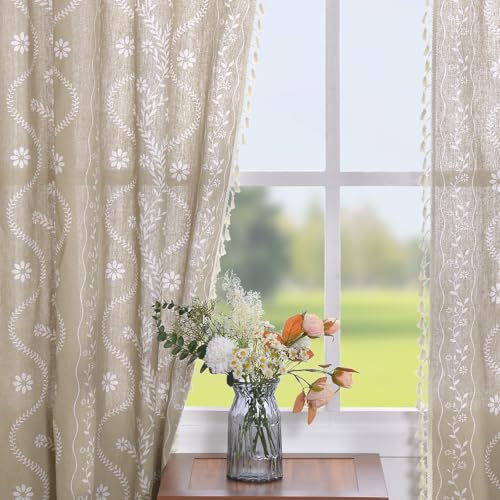Image of Schweek Tan Beige 63 Inches Long Boho Tassels Curtains 2 Panels for Bedroom