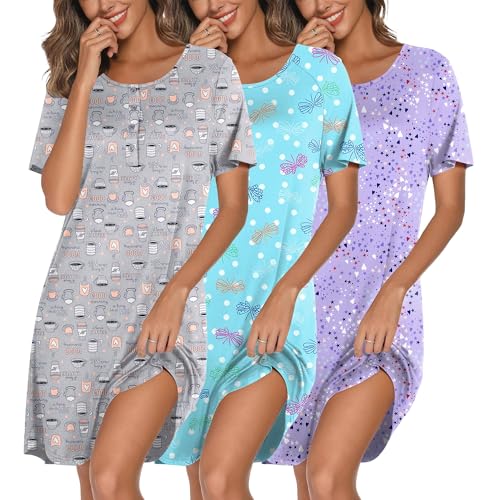Ekouaer 3er Pack Nachthemd Damen Kurzarm mit Knopfleiste Still Tshirt Nachtwäsche Streifen Schlafshirt Nightgown Sommer Mutterschaft Blaues Muster/Kaffeetasse/Lila Sterne XL