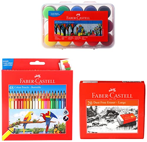 Image of Faber-Castell 48 Triangular Colour Pencils & Poster Color Plastic Box - Pack of 15 & Dust-Free Erasers - Large, Pack of 20