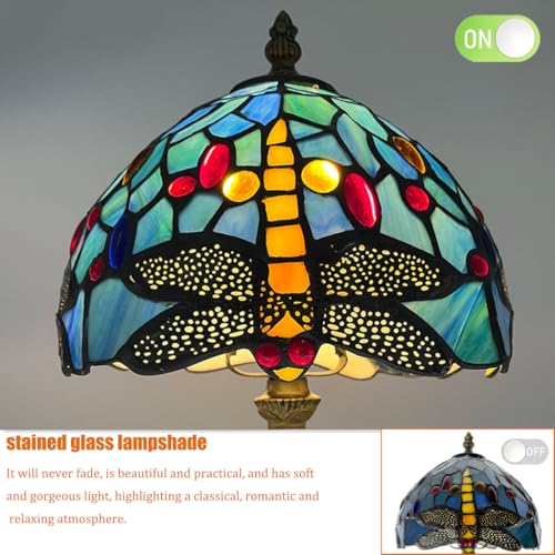 Kinbolas Tischlampe kleine im Tiffany Stil,Vintage Nachttischlampe,Schlafzimmer Fensterbank Deko Lampe,Jugendstil Tischleuchte,Blau Libellen Buntglas lampenschirm 20cm / 8 Zoll Mit LED E14 Birne