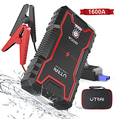 UTRAI Arrancador de Coches, Jstar0 16000mAh 1600A Arrancador de Bateria de Coche Portátil 12V (para 7.0L de Gasolina o 6.5L de Diesel) con Lámpara LED, Carga Rápida 3.0, Martillo de Seguridad
