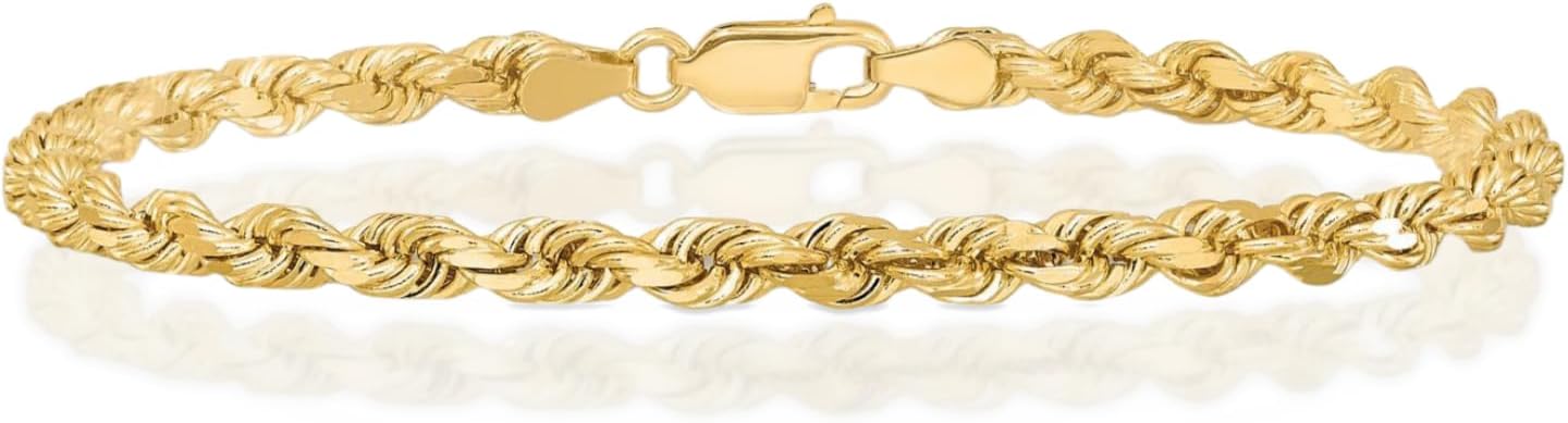 IceCarats 10K Solid Yellow Gold 4mm Thick Rope Chain Bracelet Diamond Cut, Polished