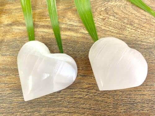 ZnranyiiXY Two Selenite Hearts White Gemstone Heart Specimen Crystal Heart Reiki Chakra.