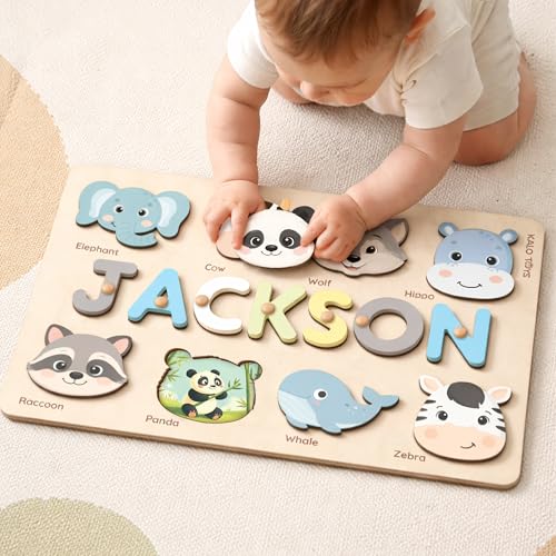 Image of Custom Name Puzzle for Toddlers - Personalized Baby Gift with Animal Art Backdrop | 48 Animal Themes | 1st Birthday Gift for Boy & Girl | Personalized Baby Gifts