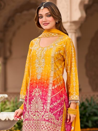 Image of INDO ERA Women's Silk Blend Embroidered Straight Kurta & Palazzo with Dupatta Set (IEOUT10598)
