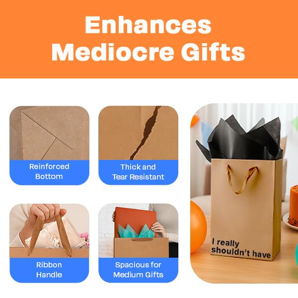 MilkToast Brands Funny Gift Bag, 11" x 8" x 4" Size, I really shouldn't have, Brown Kraft Paper Bag with Sarcastic Phrases, Funny Gift Bag for Christmas, Father's Day, Holidays, Office Parties
