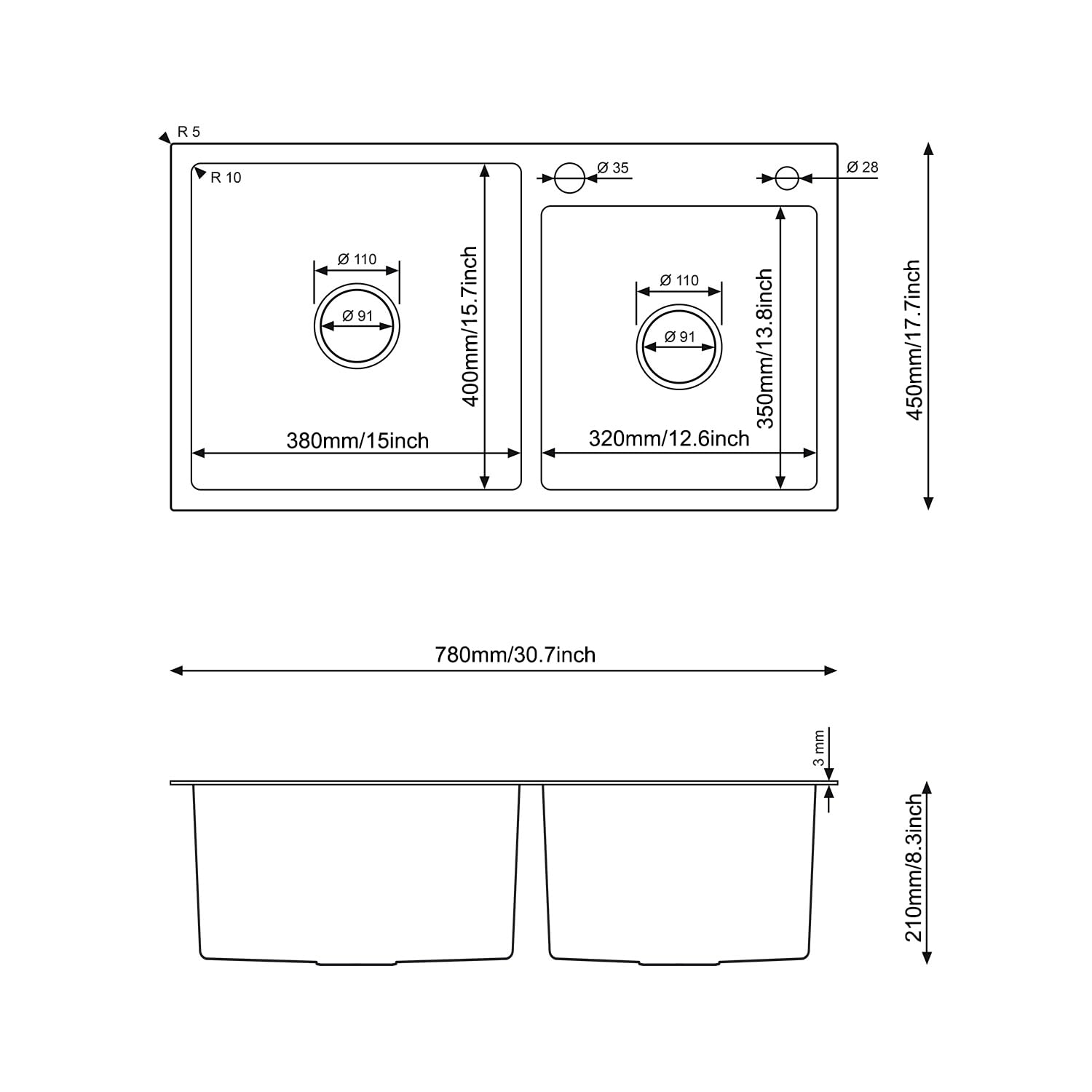 Fregadero de cocina de acero inoxidable, 78 x 45 cm, doble lavabo con juego de sifón