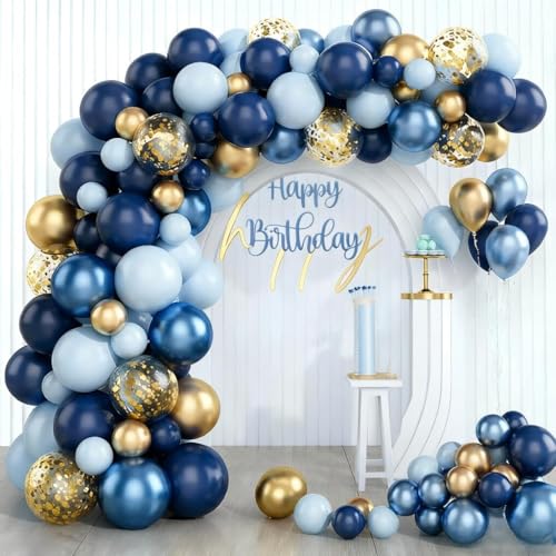 Wayfun Lot de 97 ballons d'anniversaire bleus et dorés avec confettis - Bleu marine - Pour décoration d'anniversaire homme et garçon, fête prénatale, mariage, baptême