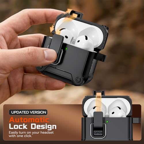 Image of Inesore for AirPods 4 Case with Secure Lock (Black) | Phone Stand Design,Compatible with MagSafe,Automatic Snap Switch Secure Cover with Cleaner Kit & Keychain