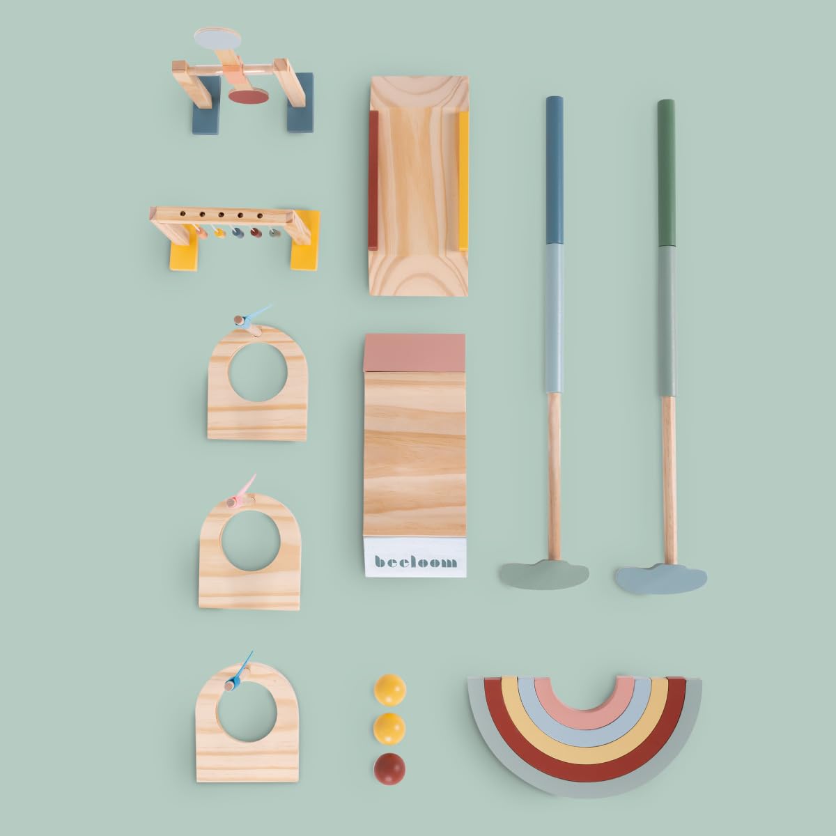 Beeloom – Mini Golf de Madera para Niños, Juego Educativo con Palos, Bolas y Obstáculos, Portátil para Interior y Exterior, Juguete Simbólico Multicolor, +3 Años