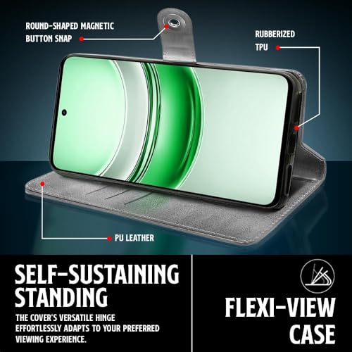 Image of WOW IMAGINE Shock Proof Flip Cover Back Case for Realme C75 | Realme C73 | Narzo 80 lite 5G | P3 Lite 5G (Magnetic Button Flip Case | Wallet Pockets & Stand | Leather Finish | (Stone Grey)