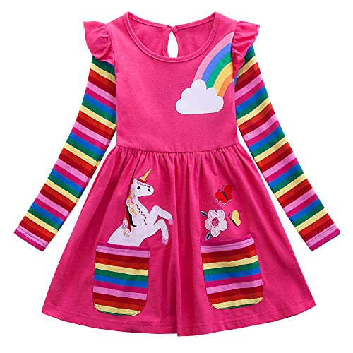 Robes pour petites filles arc-en-ciel à manches longues,sans manches en coton avec poche T-shirt pour enfants Robe d'hiver,d'été à rayures avec imprimé licorne fleurs 3 à 8 ans, rose rouge, 4-5 ans Cover