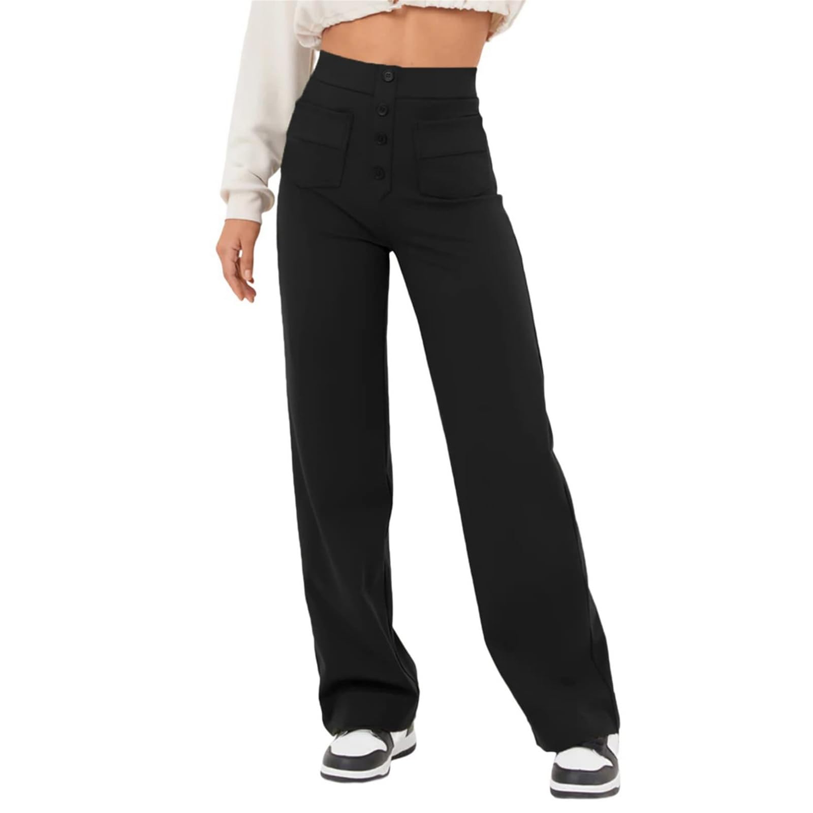 Mmoneyake Womens Straight Leg Pants High Waisted Dress Pants Button Stretchy Business Work Casual Trousers with Pockets