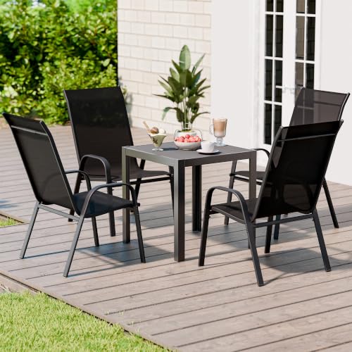 Image of Betterhood Patio Chairs Set of 4, Stackable Outdoor Dining Chairs Set with Breathable Seat Fabric, All-Weather Powder-Coated Metal Frame for Pool Side, Backyard, 350LBS Capacity (Black, Set of 4)