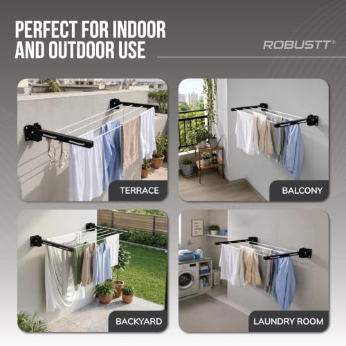 Image of Robustt Wall Mounted Clothes Drying Stand | 55 Ft Drying Space | Heavy-Duty Foldable Powder Coated Metal Arms Cloth Dryer Rack | Space Saving Laundry Hanger for Balcony, Bathroom, Terrace | Black