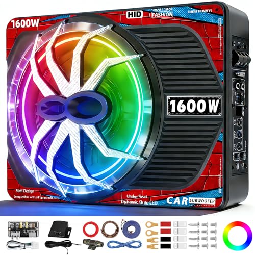 Image of 1600W Slim Underseat Car Subwoofer and Amp Package with RGB Beat-Synced Light, Under Seat Subwoofer with Built-in Amp, Class D Powered Subwoofer Car Audio, Deep Bass Subwoofer for Car /Truck