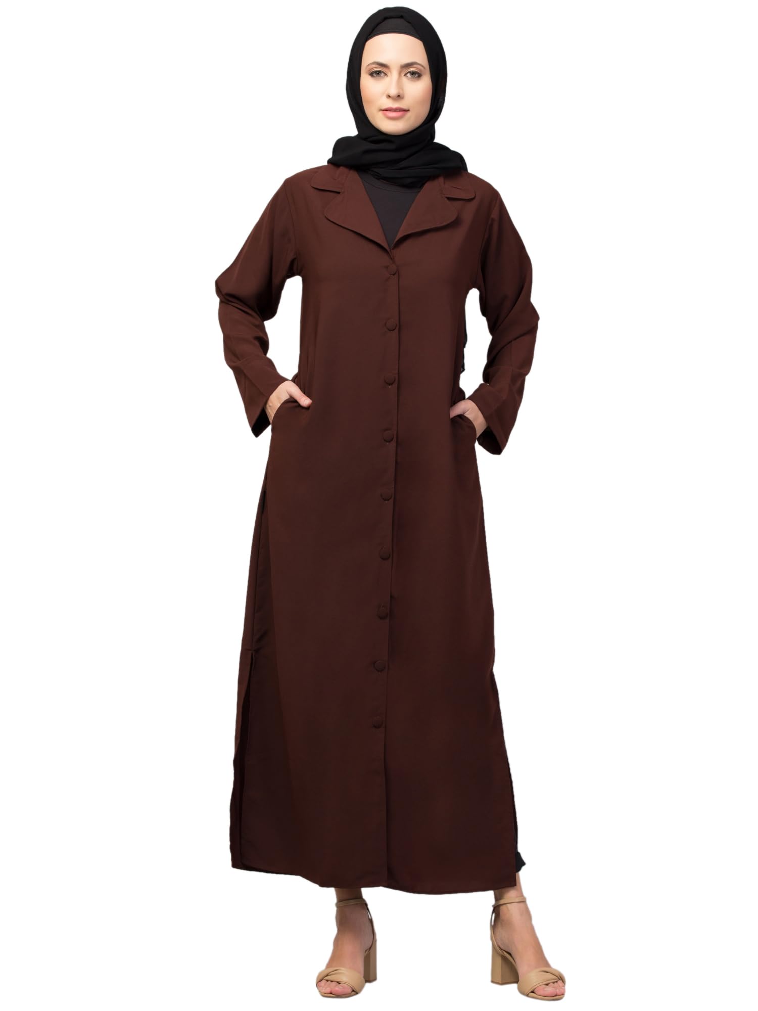 Front open Coat Collar Self Fabric Button Coat style Abaya/Burqa/Naqab (brown Coat abaya)
