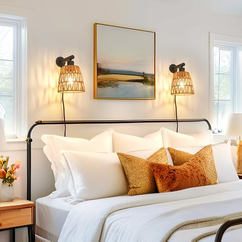 Image of Boho Plug in Wall Sconce Set of 2 - Black Farmhouse Wall Lights with Rattan Shade | Bedroom & Living Room Plug in Wall Lamps for Sofa (5.9FT On /Off Switch Cord)