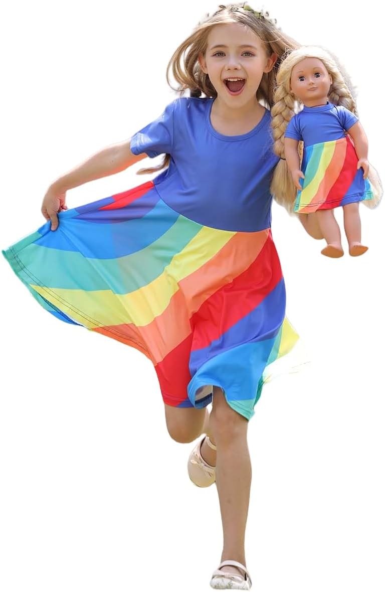 Bow Dream Girl Dresses and Matching Girl Doll AmericanClothes Accessories for Girls Dresses Set Rainbow