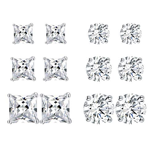 6 Pairs 18K Gold Plated Cubic Zirconia Stud Earrings Set Princess Round Clear Sparkling CZ Hypoallergenic Jwerlry for Women Men (white gold plated)