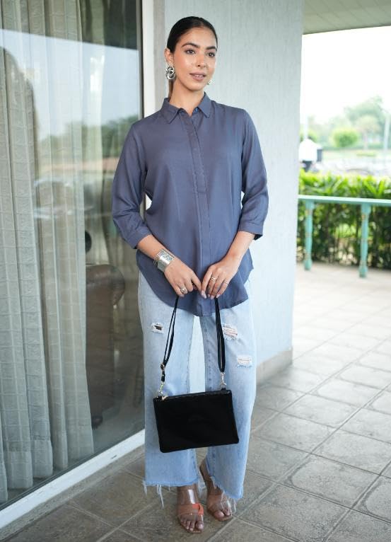 Image of Mlada Hemline Solid Shirts for Women | 3 /4 Sleeves Classic Rayon Shirt for Office Wear | Collared Neck Shirt for Girls | Regular Fit Shirts | Smart Formal Button Down Shirt for Women