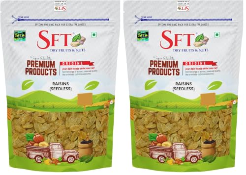 Image of SFT Raisins | 1 Kg | Kismish | Premium Dried Grapes | Sweet Fruity Taste and Soft Chewy Texture | Natural Source of Antioxidants, Potassium & Fiber | Healthy Snack (Pack of 2)