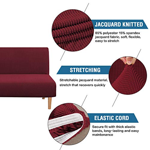 H.versailtex Armless Futon Cover Stretch Sofa Bed Slipcover Protector Elastic Feature Rich Textured High Spandex Small Checks Jacquard Fabric Futon Cover, Machine Washable, Burgundy Red #TOP1