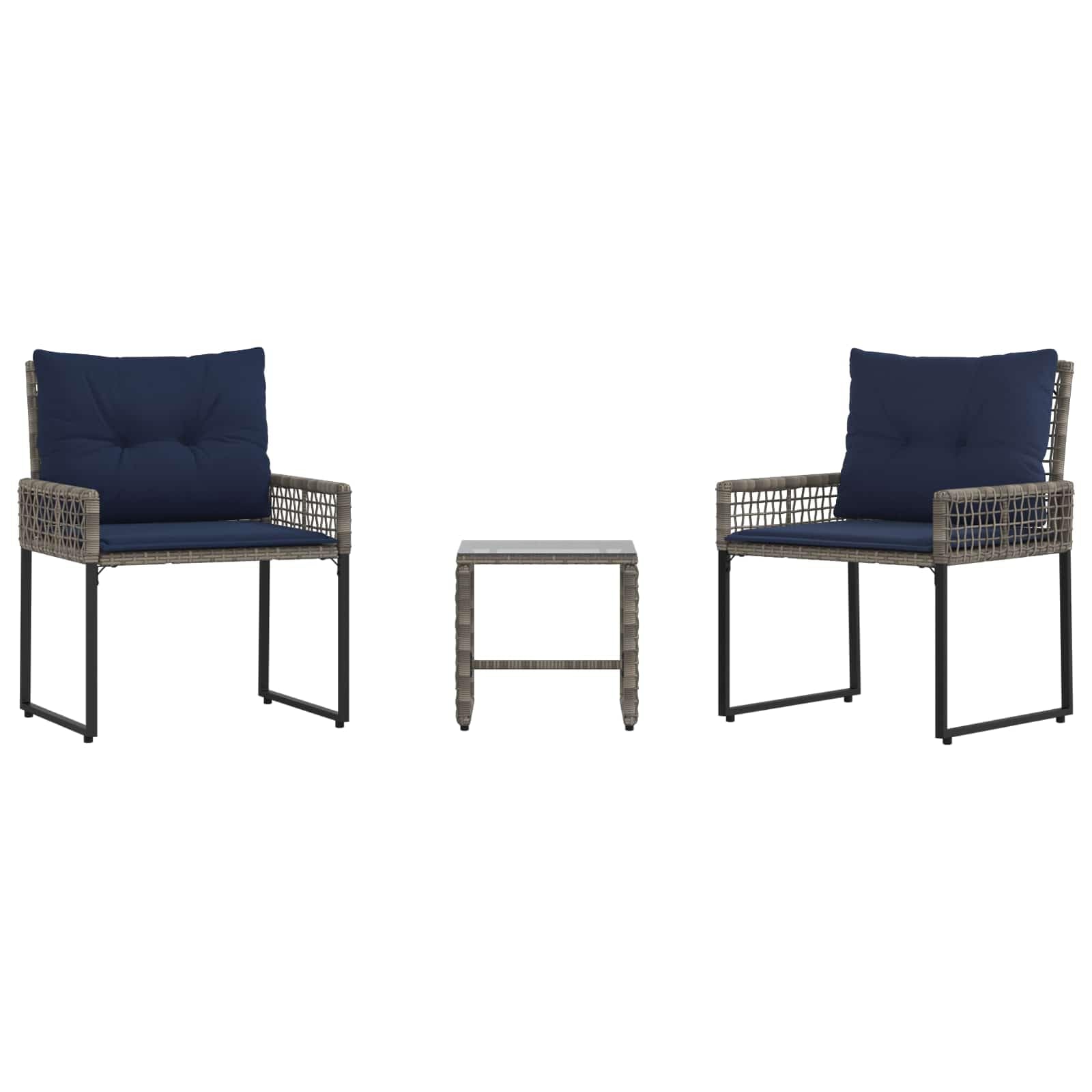 Set Mobili da Giardino 3 Pz in Polyrattan Legno Grigio Blu Navy | Set da pranzo per giardino e terrazzo con 2 sedie e tavolino, cuscini imbottiti per relax all'aria aperta e finiture curate.