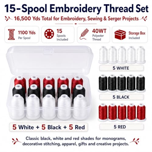 Image of Simthread 15-Color Polyester Machine Embroidery Thread Set, 5W 5B 5R | 15 coordinated 1000M polyester spools for machine embroidery, quilting, patches, monograms and everyday sewing.