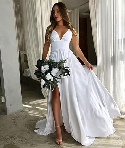 V Neck Satin Bridesmaid Dresses For Wedding Split Prom Dresses Long A Line Formal Dresses For Women Black Us 6 #TOP4