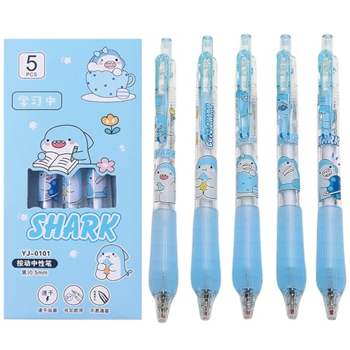 MOZXIRZ 5 Pcs Cute Retractable Pens Cartoon Shark Gel Pens Black Ink Pens 0.5mm Fine Point Smooth Writing Pens Aesthetic Gel Pens Office School Supplies Women Girls Boys Men (Blue Shark)