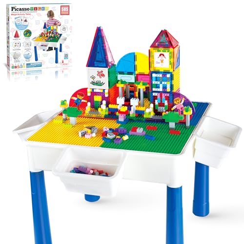 picassotiles 585pc kids activity table magnetic tiles and building bricks stem pretend play learning with reversible brick whiteboard tabletop storage bins and add-on toys boys girls ages 3 pbt585