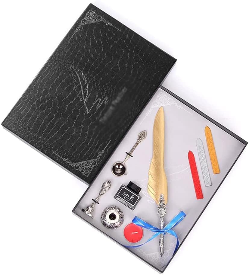 Retro Delicate Feather Pen Full Set Of Ink Set Stationery Gift Box 5 Nibs + Pen Holder + Ink (Color : D) (B)