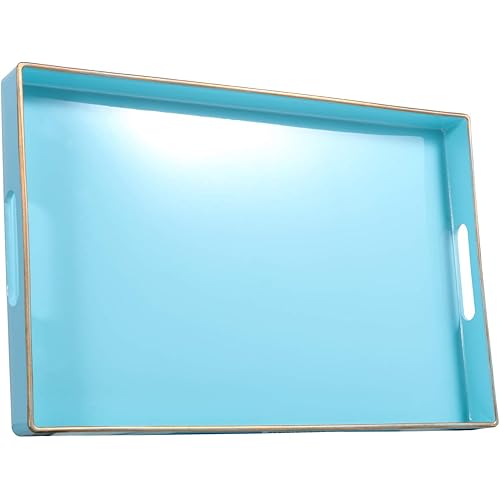 Zosenley Decorative Tray, Rectangular Plastic Tray with Handles, Modern Vanity Tray and Serving Tray for Bathroom, Kitchen, Ottoman and Coffee Table, 15.6” x 10.2”, Blue