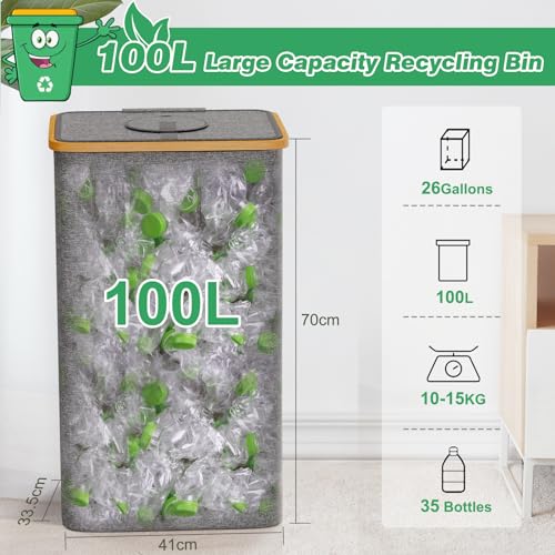 HassoKon Recycling Bin for Kitchen Home, Separate Recycling Waste Bags,100L Recyclable Waste Trash Sorting Organizer for Collecting Empties and Glass Waste,Deposit Bottles,Reusable Waterproof - Image 2