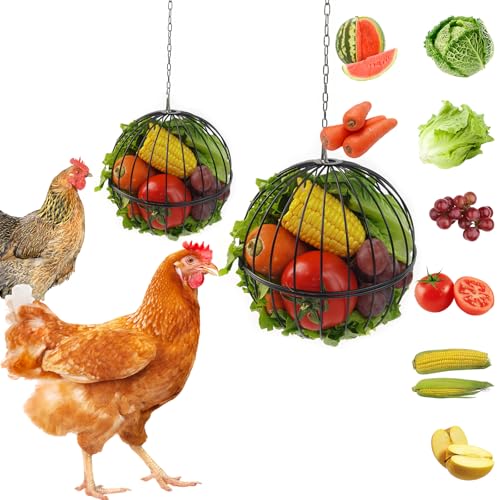 GSHWXD Hanging Chicken Feeder - 7.1 Inch Large Iron Chicken Veggie Treat Ball - Sturdy Chicken Treat Holder with 15.7 Inch Hanging Chain (2PCS Black)