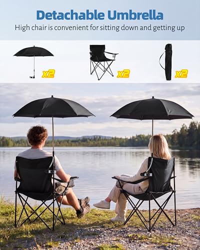 Image of 2PCS Camping Chairs with Detachable Umbrella, HaSteeL Folding Beach Chair for Adults, Large Portable Foldable Chair for Outdoors Fishing Hiking Travel Picnic Lawn, Supports 275lbs, Storage Bags, Black