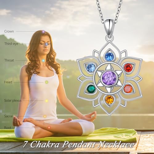 7 Chakra Necklace 925 Sterling Silver Lotus Flower Rainbow Stones Yoga Chakra Energy Balance Pendant Jewelry for Women Spiritual Healing2