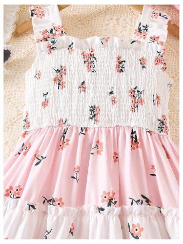 Girl's Floral Smocked A Line Dresses Sleeveless Square Neck Ruffle Layered Midi Dress Sundress4