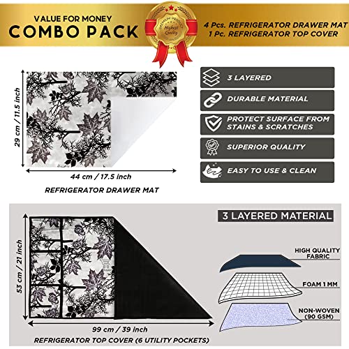 Image of Polyester 3-Layered Fridge Top Cover /Refrigerator Cover With Utility Pockets and Set of 4 Pc Fridge Mats (Color-Floral Black, Size-39x21 Inch)
