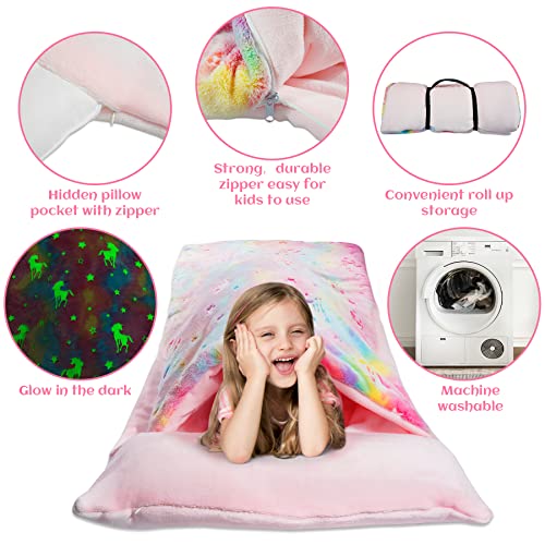 Large Sleeping Bag For Kids Glow In The Dark Slumber Bag For Girls And Boys, Toddler Nap Mats 62" X 28" Soft, Warm, Plush Sleeping Bags, Perfect For Sleepover, Daycare, Preschool, Kindergarten Unicorn #TOP4