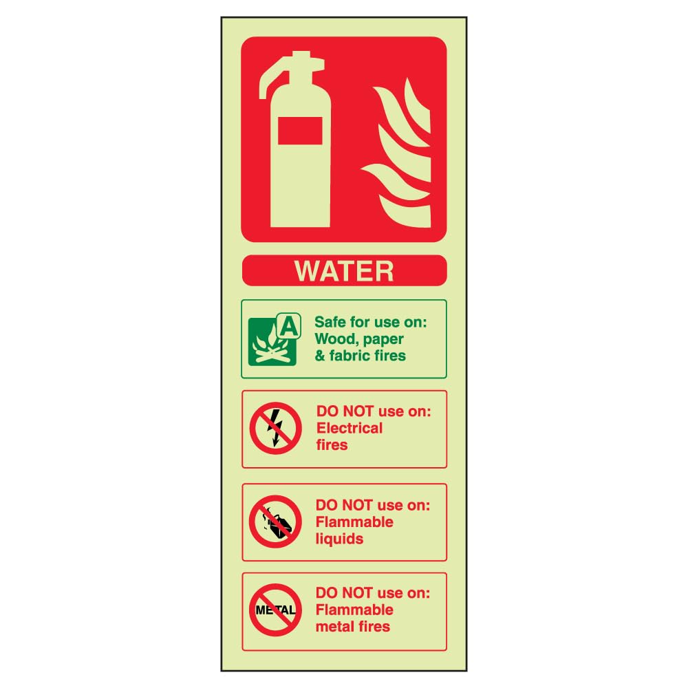 V Safety Glow In The Dark Water Id Fire Extinguisher Sign - 100mm x 280mm - Rigid Plastic