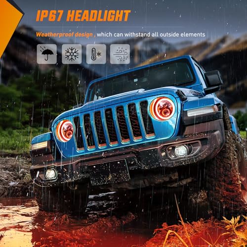 Image of Nilight 7 Inch Round LED Halo Headlights w /Turn Signal Amber Light Red DRL High Low Beam 7 inch Headlight Compatible with 2007 2008 2009 2010 2011 2012 2013 2014 2015 2016 2017 2018 Wrangler JK JKU