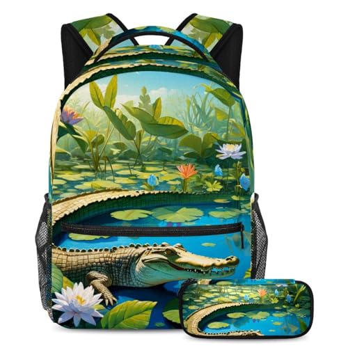 Sac à dos fille et garçon multicolore avec pochette scolaire motif crocodile